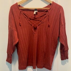 We The Free Free People Deep V Lace Up Ribbed Shirt Size Small Color Rust